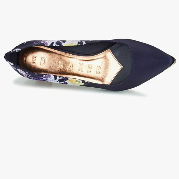 🍒NIB🍒 TED BAKER SATIN NAVY FLORAL HEELS - Picture 8 of 11